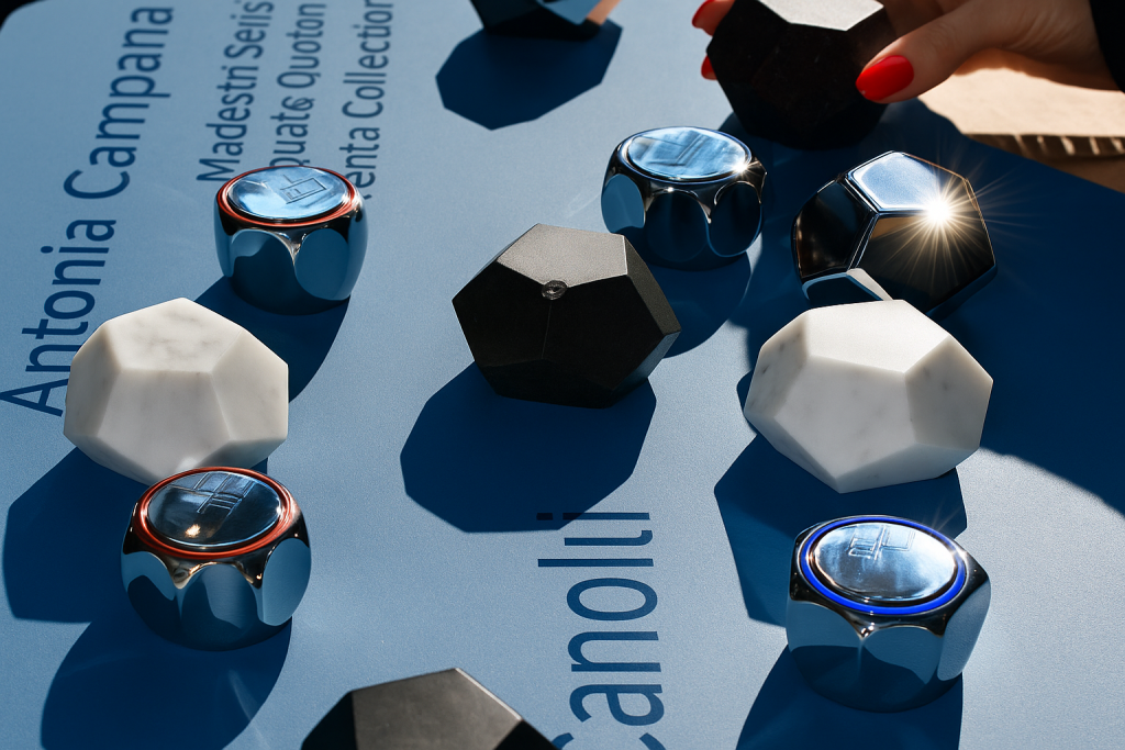 Componenti di Design Geometrici e Superfici Riflettenti in Esposizione Moderna