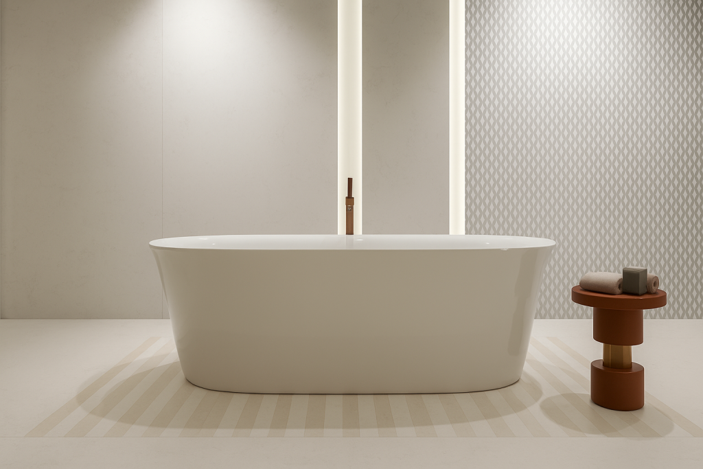 Vasca da Bagno Minimal in Ambiente di Design con Superfici Ceramiche Neutre