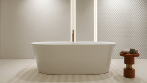 Vasca da Bagno Minimal in Ambiente di Design con Superfici Ceramiche Neutre